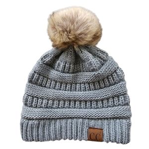 C.C Gray Knitted Beanie with Faux Fur Pom